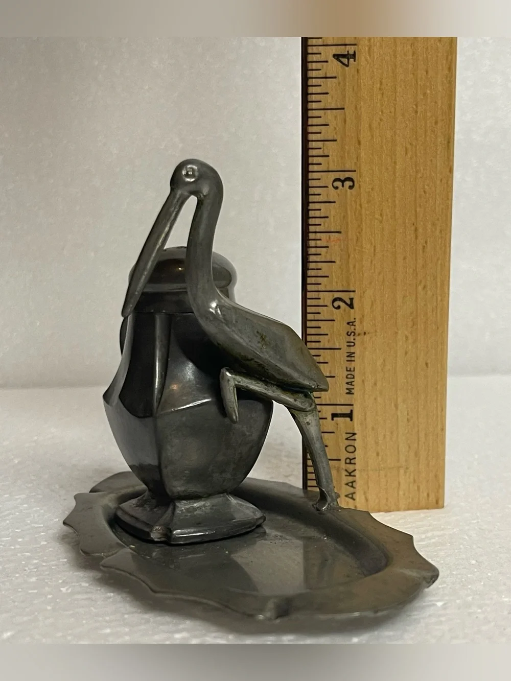 VTG Old Colonial Genuine Pewter Salt And Pepper Shakers Tray Stork Crane Handle